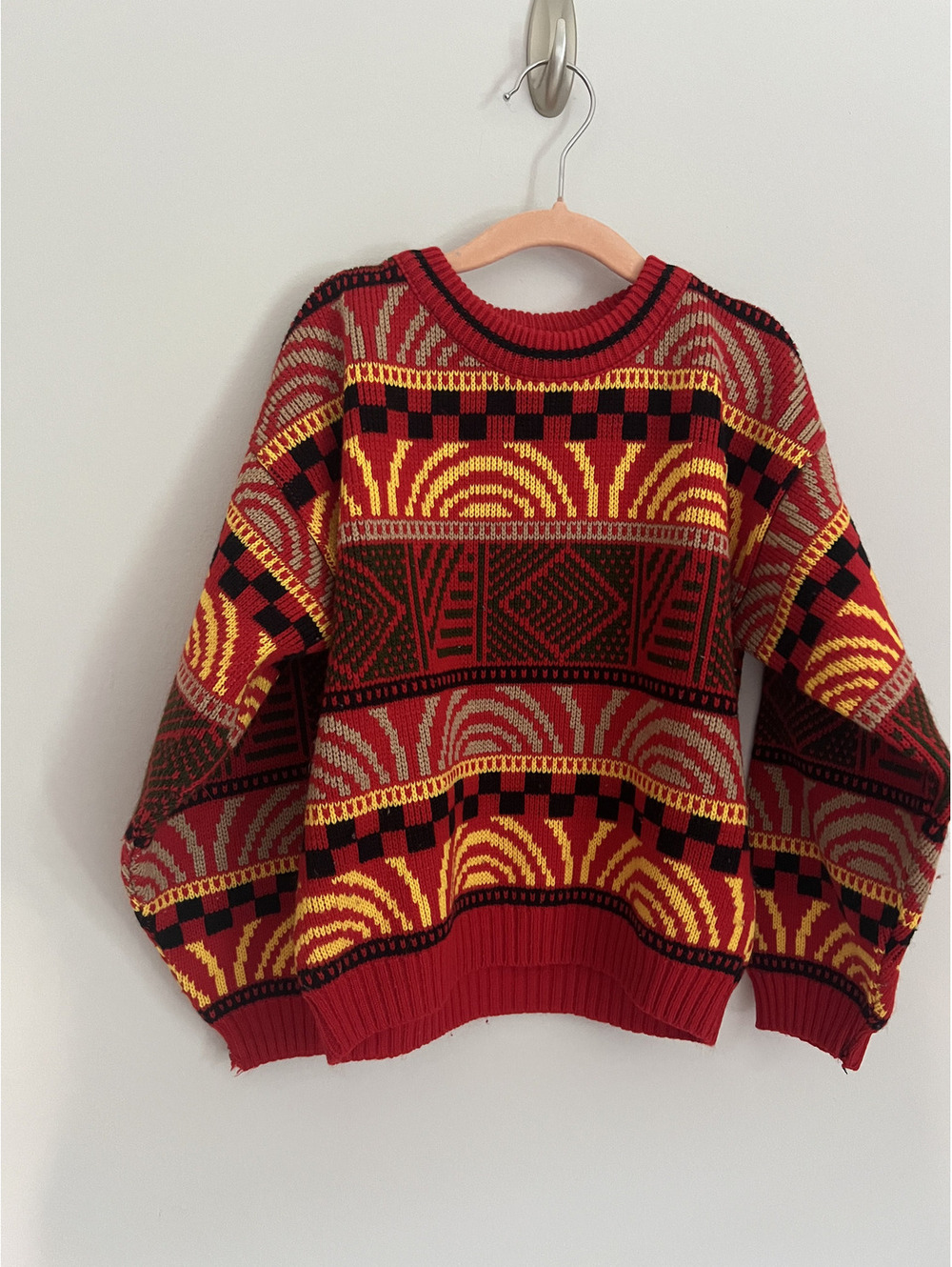 Vintage 90s Boys Red Yellow Black Southwestern AOP Sweater